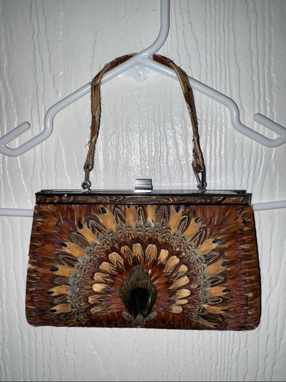 Vintage Peacock and Pheasant Feather Top-Handle Handbag